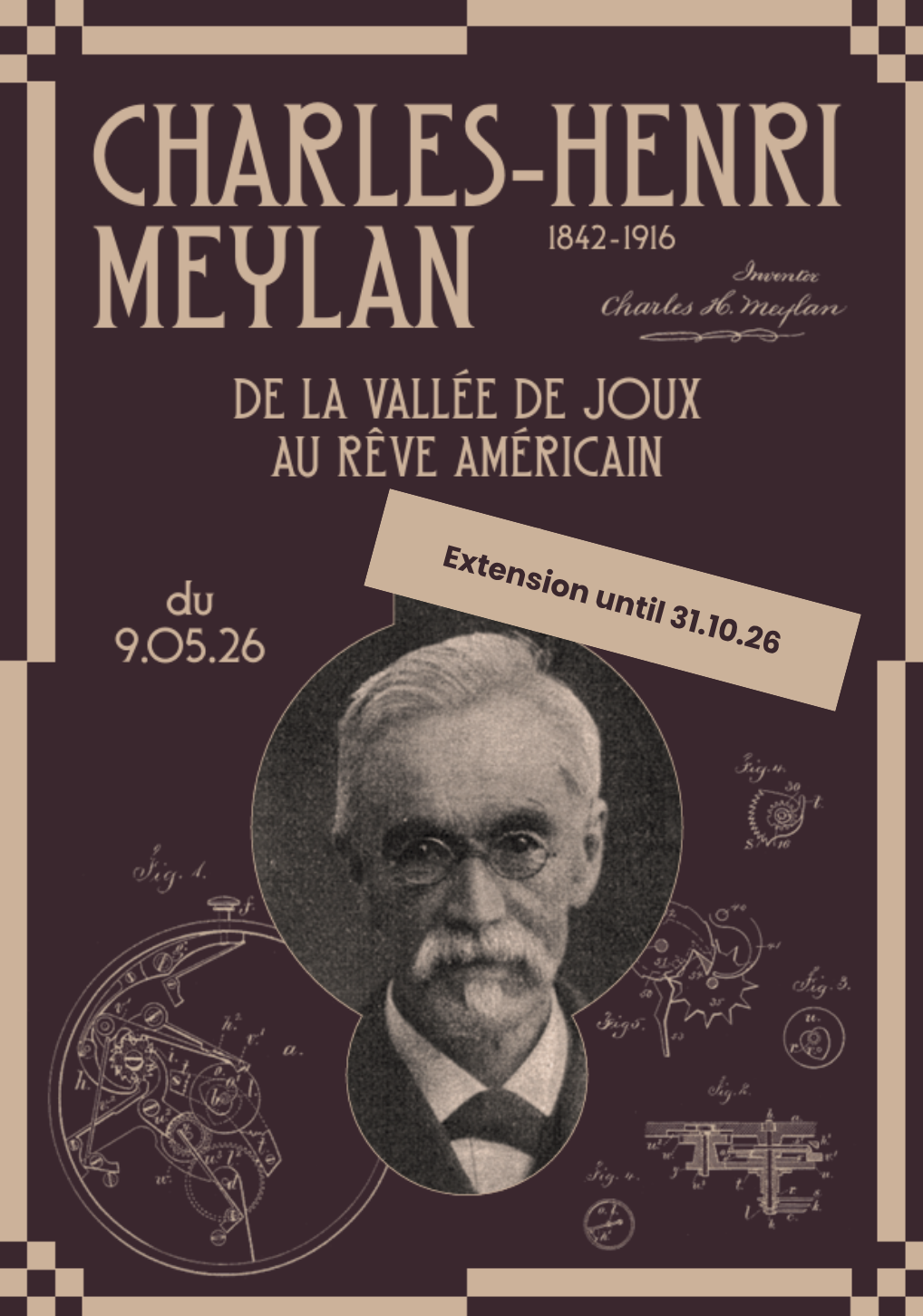Affiche de l'exposition temporaire Charles-Henri Meylan qui représente un horloger et donne les dates de l'exposition.